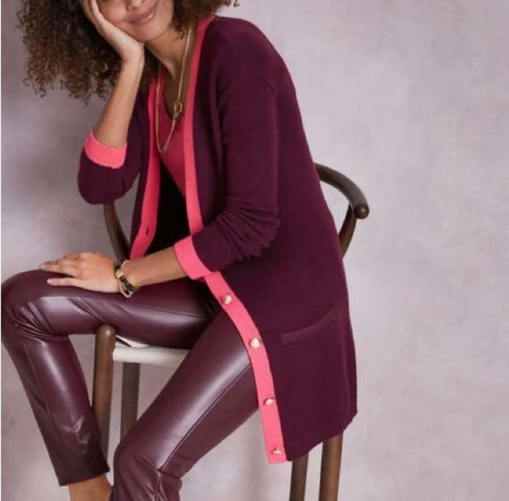 Talbots v-neck cotton blend cardigan burgundy & pink ornate buttons large petite